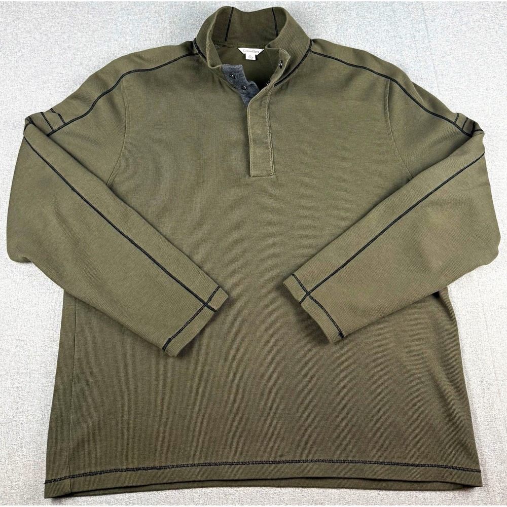 Calvin Klein Mens XL Pullover Olive Green Snap Neck 100% Cotton Sweatshirt